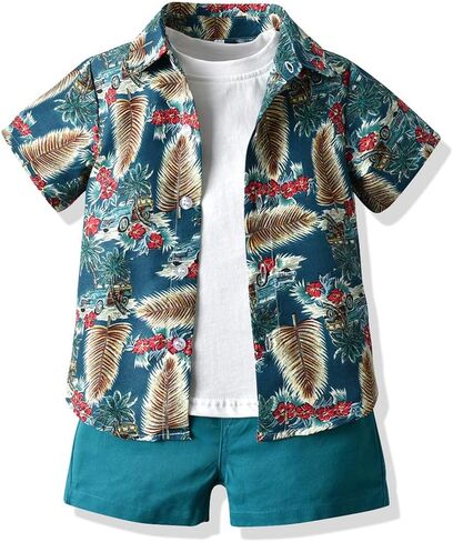 Joycebaby Toddler Baby Boy Clothes Hawaiian Outfits 3 Pieces Cotton T-Shirt+Aloha Short Sleeve Shirt+Shorts Sets in Kuwait