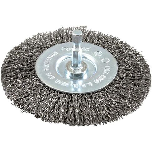 Forney 72739 4-Inch Coarse Wire Wheel Brush | Features coarse crimped wire with a 1/4-inch hex shank. Ideal for heavy-duty rust removal, cleaning, and surface prep. in Kuwait
