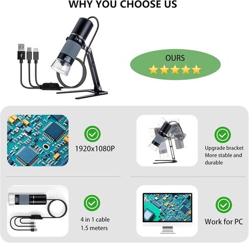 1080P Handheld Digital Microscope, 50-1000X Magnification Portable USB Microscope with Adjustable Stand, Compatible with iPhone Android Mac Windows PC in Kuwait