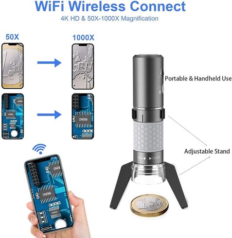 WiFi Digital Microscope, Wireless Portable Handheld 4K Microscope HD Camera 50X-1000X Magnification with Adjustable Stand, Compatible with iPhone Android Smartphones iPad Mac Windows PC in Kuwait