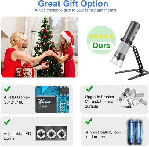 WiFi Digital Microscope, Wireless Portable Handheld 4K Microscope HD Camera 50X-1000X Magnification with Adjustable Stand, Compatible with iPhone Android Smartphones iPad Mac Windows PC in Kuwait