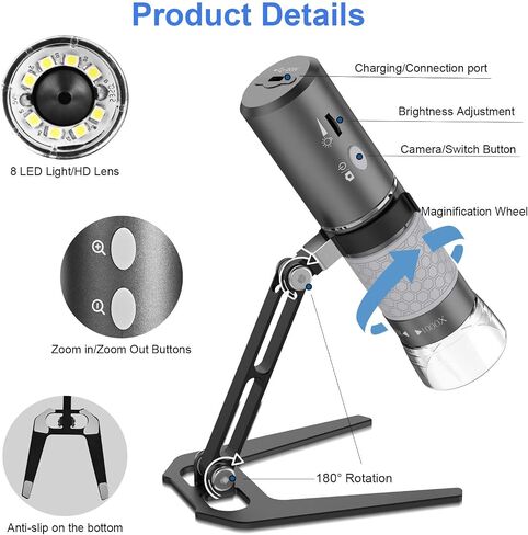 WiFi Digital Microscope, Wireless Portable Handheld 4K Microscope HD Camera 50X-1000X Magnification with Adjustable Stand, Compatible with iPhone Android Smartphones iPad Mac Windows PC in Kuwait