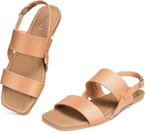 FITORY Flat Sandals for Women 2026 Comfortable Dressy Summer Beach Slides | Square Open Toe,Adjustable Buckle,Slingback Strap,Soft Cushioned Footbed,Casual Walking Vacation Sandals in Kuwait