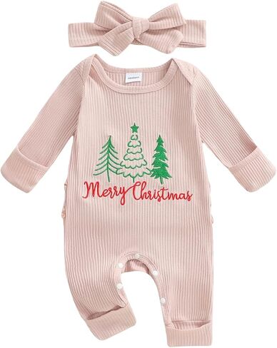 First Christmas Baby Girl Outfit Xmas Tree and Santa Print Onesie Long Sleeve Knit Romper Jumpsuit with Headband in Kuwait