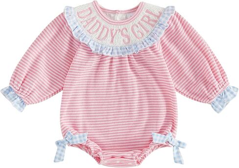 Newborn Baby Girl Fall Outfit Plaid Stripe Romper Letter Embroidery Side Bow Long Sleeve Jumpsuit Infant Clothes in Kuwait