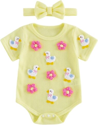 Newborn Baby Girl Summer Clothes Duck Embroidery Short Sleeve Romper Round Neck Jumpsuit Headband Cute Outfits in Kuwait