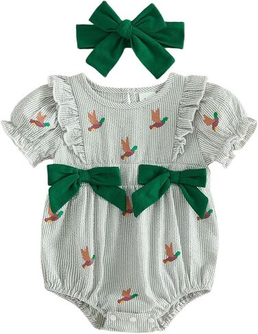 Baby Girl Hunting Outfit Duck Print Puff Short Sleeve Smocked Bubble Romper Striped Bodysuit Summer Clothes Headband in Kuwait
