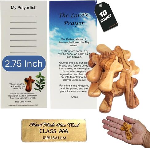 Holy Land Market Olive Wood Pocket Cross 2.75 in, Wooden Cross, 100 Pack | Lord's Prayer and authenticity card, one per cross. Also includes certificate. in Saudi Arabia
