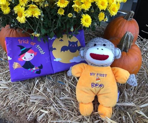 Baby Starters Sock Monkey Halloween 9 inch Plush Rattle with Embroidery (My First Boo, Orange) in Kuwait