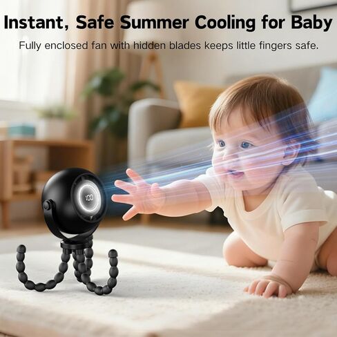 Portable Stroller Fan with Flexible Tripod, Pinch-Proof for Baby & Pets | 4000mAh rechargeable battery, USB-C charging, 3-speed & 3-level light, 360° rotation, versatile for car seats & pet carts in Kuwait