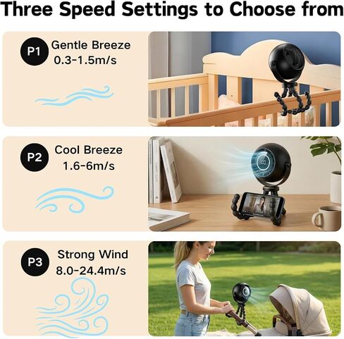 Portable Stroller Fan with Flexible Tripod, Pinch-Proof for Baby & Pets | 4000mAh rechargeable battery, USB-C charging, 3-speed & 3-level light, 360° rotation, versatile for car seats & pet carts in Kuwait