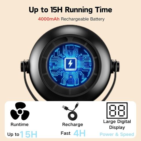 Portable Stroller Fan with Flexible Tripod, Pinch-Proof for Baby & Pets | 4000mAh rechargeable battery, USB-C charging, 3-speed & 3-level light, 360° rotation, versatile for car seats & pet carts in Kuwait