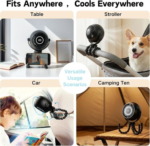 Portable Stroller Fan with Flexible Tripod, Pinch-Proof for Baby & Pets | 4000mAh rechargeable battery, USB-C charging, 3-speed & 3-level light, 360° rotation, versatile for car seats & pet carts in Kuwait
