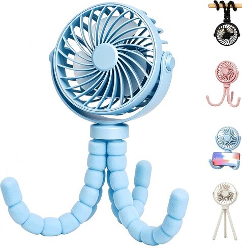 4.53 Inch USB Rechargeable Octopus Mini Fan, Flexible Tripod & Phone Holder, Quiet Safe Stroller Fan for Baby, Outdoor, Desktop & Handheld Use (Blue, Small) in Kuwait