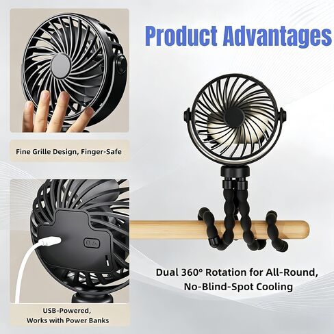 4.53 Inch USB Rechargeable Octopus Mini Fan, Flexible Tripod & Phone Holder, Quiet Safe Stroller Fan for Baby, Outdoor, Desktop & Handheld Use (Blue, Small) in Kuwait