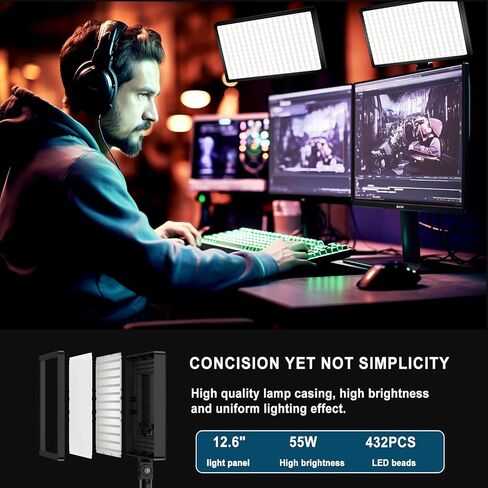 2 Packs Dimmable Bi-Color 432 LED Video Light and Stand Lighting Kit,50W,Add More Remote Controllers, 360 ° Ball Heads, Phone ans Tablet Holders (Black, 13-2) in Saudi Arabia