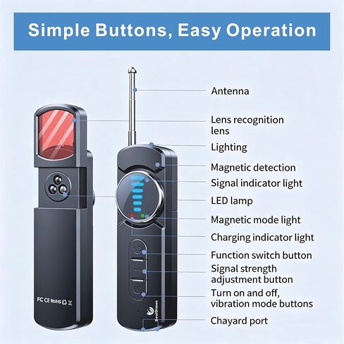 Hidden Spy Camera Detector with LED, Upgraded Hidden Bug and Camera Detector, AI-Powered Anti-Spy Device, GPS Tracker Detector Portable Privacy Protector for Travel/Hotel/Car (Black) in Kuwait