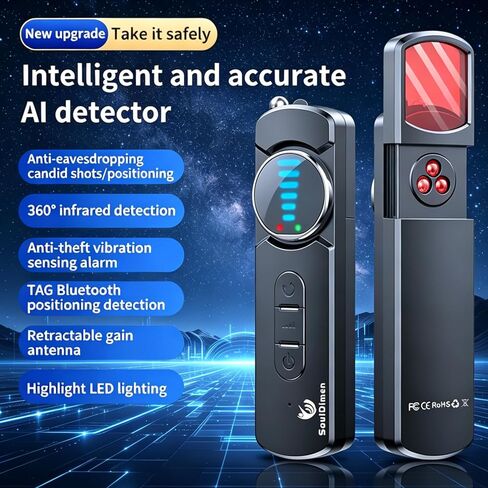 Hidden Spy Camera Detector with LED, Upgraded Hidden Bug and Camera Detector, AI-Powered Anti-Spy Device, GPS Tracker Detector Portable Privacy Protector for Travel/Hotel/Car (Black) in Kuwait