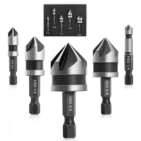 82 Degree 5 Flute Countersink Drill Bit Set - 5 Pcs HSS 1/4" Hex Shank (1/4" to 3/4" Sizes) for Metal,Carbon Steel, Wood | Heavy-Duty Aluminum Case, Countersink bit,Countersink bit for Metal in Kuwait