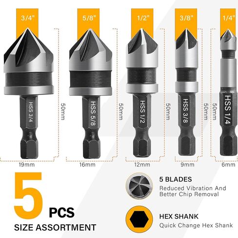 82 Degree 5 Flute Countersink Drill Bit Set - 5 Pcs HSS 1/4" Hex Shank (1/4" to 3/4" Sizes) for Metal,Carbon Steel, Wood | Heavy-Duty Aluminum Case, Countersink bit,Countersink bit for Metal in Kuwait