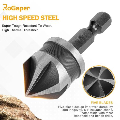82 Degree 5 Flute Countersink Drill Bit Set - 5 Pcs HSS 1/4" Hex Shank (1/4" to 3/4" Sizes) for Metal,Carbon Steel, Wood | Heavy-Duty Aluminum Case, Countersink bit,Countersink bit for Metal in Kuwait