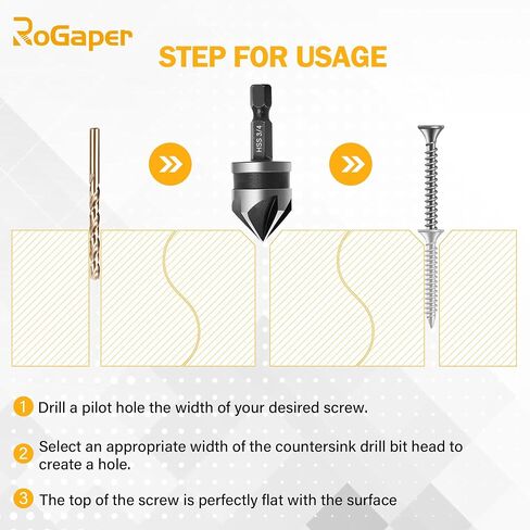 82 Degree 5 Flute Countersink Drill Bit Set - 5 Pcs HSS 1/4" Hex Shank (1/4" to 3/4" Sizes) for Metal,Carbon Steel, Wood | Heavy-Duty Aluminum Case, Countersink bit,Countersink bit for Metal in Kuwait