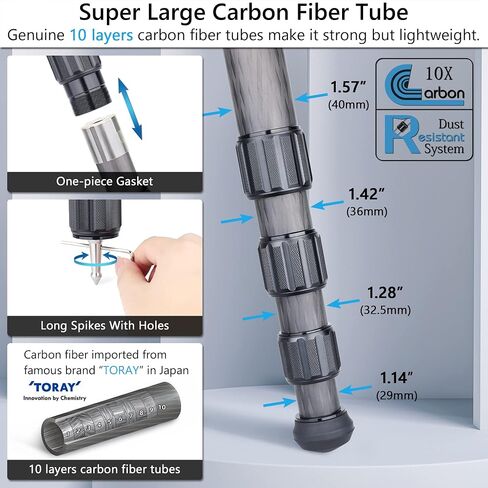 Carbon Fiber Tripod Heavy Duty Bowl ARTCISE AS90C Camera Tripod Ultra Stable Carbon Stand 10 Layers Carbon Fiber 40mm Leg Tube Max Load 88 Lbs/40kg(Without 75mm Bowl Adapter) in Kuwait
