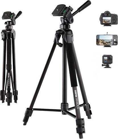 Sunpak 58-Inch Aluminum Camera Tripod with 3-Way Pan Head & Phone Adapter | Supports up to 8 lbs & extends to 58". Works with digital cameras, GoPros & smartphones. Features quick-release plate. in Kuwait