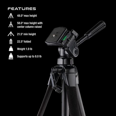 Sunpak 58-Inch Aluminum Camera Tripod with 3-Way Pan Head & Phone Adapter | Supports up to 8 lbs & extends to 58". Works with digital cameras, GoPros & smartphones. Features quick-release plate. in Kuwait