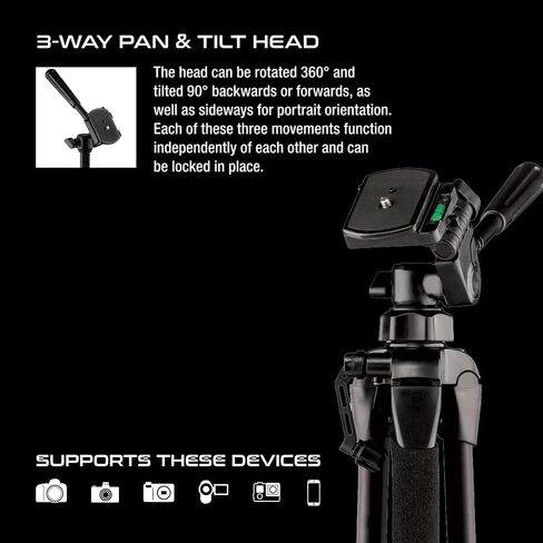 Sunpak 58-Inch Aluminum Camera Tripod with 3-Way Pan Head & Phone Adapter | Supports up to 8 lbs & extends to 58". Works with digital cameras, GoPros & smartphones. Features quick-release plate. in Kuwait