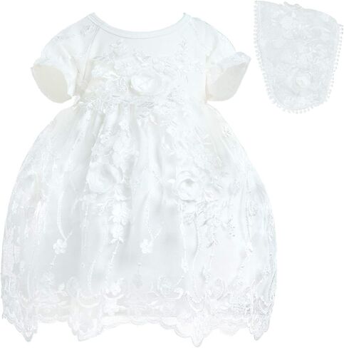 Baby Girls Christening Baptism Dress Newborn Delicate Embroideried Lace Gowns with Bonnet for Wedding Party 0-24M in Kuwait