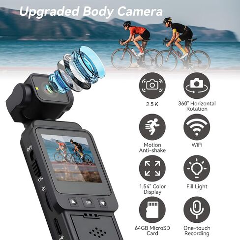 Mini Body Camera with Audio & Video Recording, Pocket Action POV Camcorder 270° Rotation 2K QHD, 64GB Wearable Camera for Security, Work, Guard, Travel in Kuwait