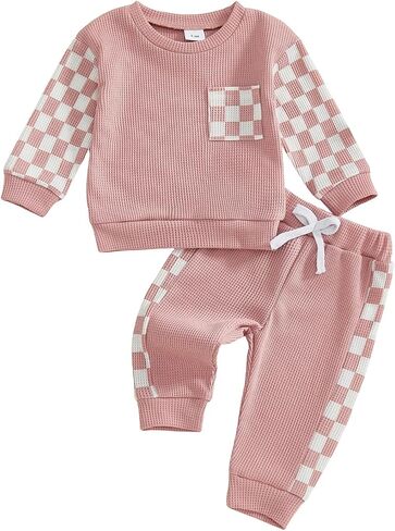 Tsultryofs Toddler Baby Girl Fall Clothes Infant Plaid Patchwork Outfit | Little Kid Girl Autumn Clothing Long Sleeve Round Neck Tops and Casual Pants Set in Kuwait