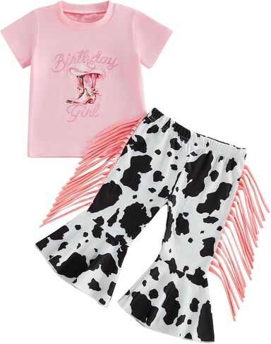 Toddler Girls Cowgirl Birthday Outfit Birthday Girl Shirt Fringe Bell Bottom Pants Rodeo Country Western Clothes in Kuwait