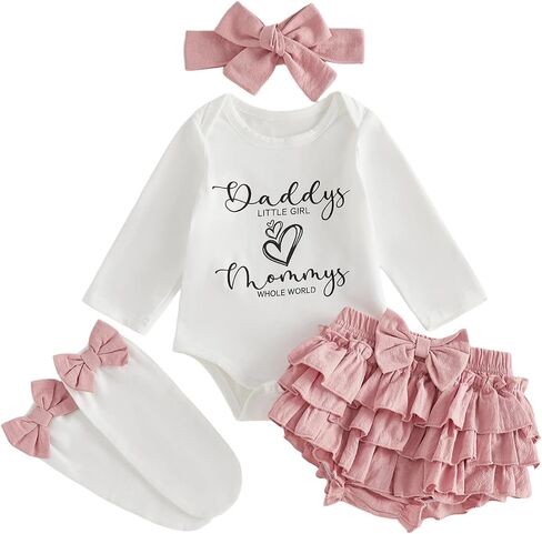 Hnyenmcko Newborn Baby Girl Fall Clothes Infant Long Sleeve Letter Romper Skirt Set + Headband + Socks 4Pcs Cute Clothing Set in Kuwait
