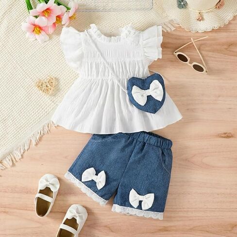 Baby Girls White Ruffle Top & Faux Denim Shorts Set with Free Heart Bag for 6M-3Y Toddlers in Kuwait