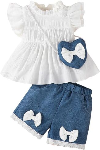 Baby Girls White Ruffle Top & Faux Denim Shorts Set with Free Heart Bag for 6M-3Y Toddlers in Kuwait