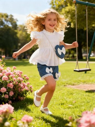Baby Girls White Ruffle Top & Faux Denim Shorts Set with Free Heart Bag for 6M-3Y Toddlers in Kuwait
