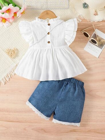Baby Girls White Ruffle Top & Faux Denim Shorts Set with Free Heart Bag for 6M-3Y Toddlers in Kuwait