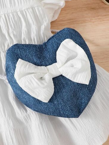 Baby Girls White Ruffle Top & Faux Denim Shorts Set with Free Heart Bag for 6M-3Y Toddlers in Kuwait