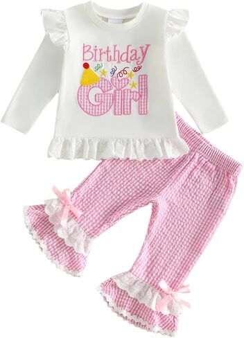Toddler Baby Girl Birthday Clothes Birthday Girl Long Sleeve Tops Plaid Bell Bottoms Flare Pants Set Fall Outfit in Kuwait