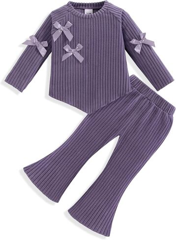 Baby Girl Clothes Cute Fall Toddler Outfits for Girls 12Months-4T | 2 Piece Fall Winter Clothing Set for Baby Girls, Bowknot V-shaped Top with Bell Bottom Pants, Toddler Girl Birthday Gifts in Kuwait