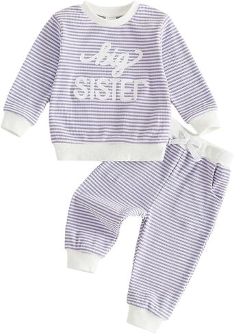 Toddler Baby Girl Fall Outfit Set Tops Pants Cute Infant Waffle Clothes | Long Sleeve Crew Neck Big Sister Sis Embroidery Sweatshirt Stripe Matching Clothing in Kuwait