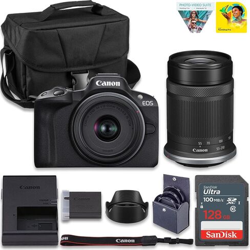 Canon EOS R50 Mirrorless Camera with 18-45mm & 55-210mm RF-S Lenses | 24.2MP APS-C Sensor, Dual Pixel CMOS AF, 4K Video | Compact Hybrid Camera Kit with Shoulder Bag and 128GB Card in Kuwait