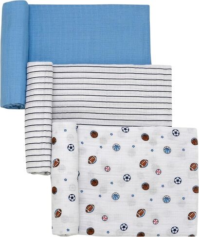 3 Pack Cotton Muslin Swaddle Blankets for Baby, 40" x 36", Lightweight, Breathable, Blue, (All Sports) in Kuwait