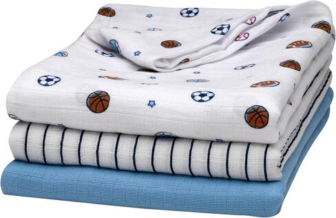 3 Pack Cotton Muslin Swaddle Blankets for Baby, 40" x 36", Lightweight, Breathable, Blue, (All Sports) in Kuwait