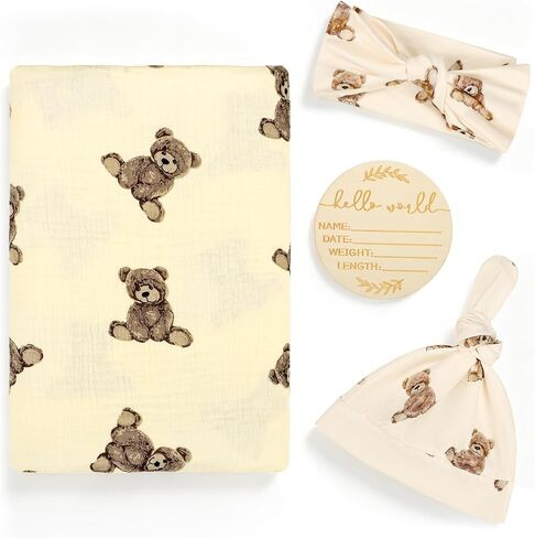 TANOFAR Muslin Swaddle Blankets for Girls Boys 4 Pack, Ultra Breathable Receiving Blankets Large 47 x 47 inches with Matching Headband and Beanie Set Baby Nursery Swaddle Wrap, Cute Bear in Kuwait