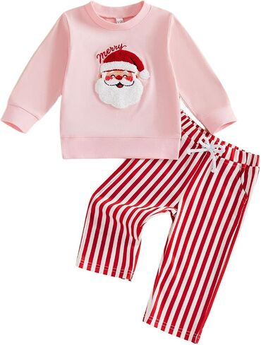 Rtnnsbbfcm Toddler Baby Girl Christmas Outfit Santa Sweatshirts + Pants Set | Christmas Little Girl Clothes Toddler Girl Outfits Santa Crewneck Sweatshirts Striped Pants Fall Winter Clothing Set in Kuwait