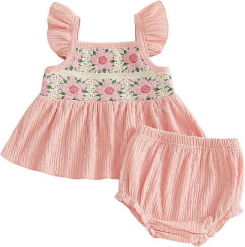 Toddler Girl Summer Clothes Crochet Flowers 2 Piece Short Sets Ruffle Sleeveless Babydoll Tops + Shorts Outfits in Kuwait
