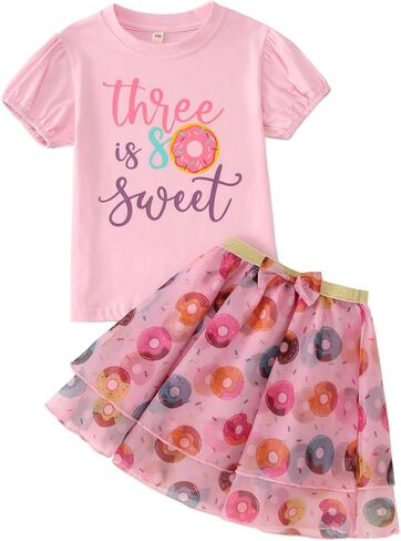 CM C&M WODRO Baby Girl Birthday Donut Outfit 1st 2nd 3rd 4th 5th 6th 7th 8th Short Sleeve Shirt Tutu Skirt Clothes Set 1-8Y in Kuwait